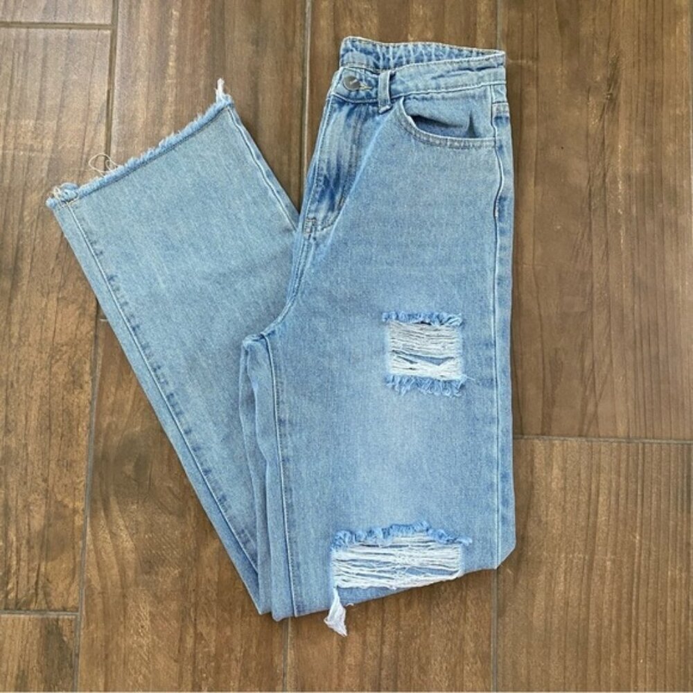 Shein High Rise Distressed Wide Leg‎ Light Blue Jeans Size XS
